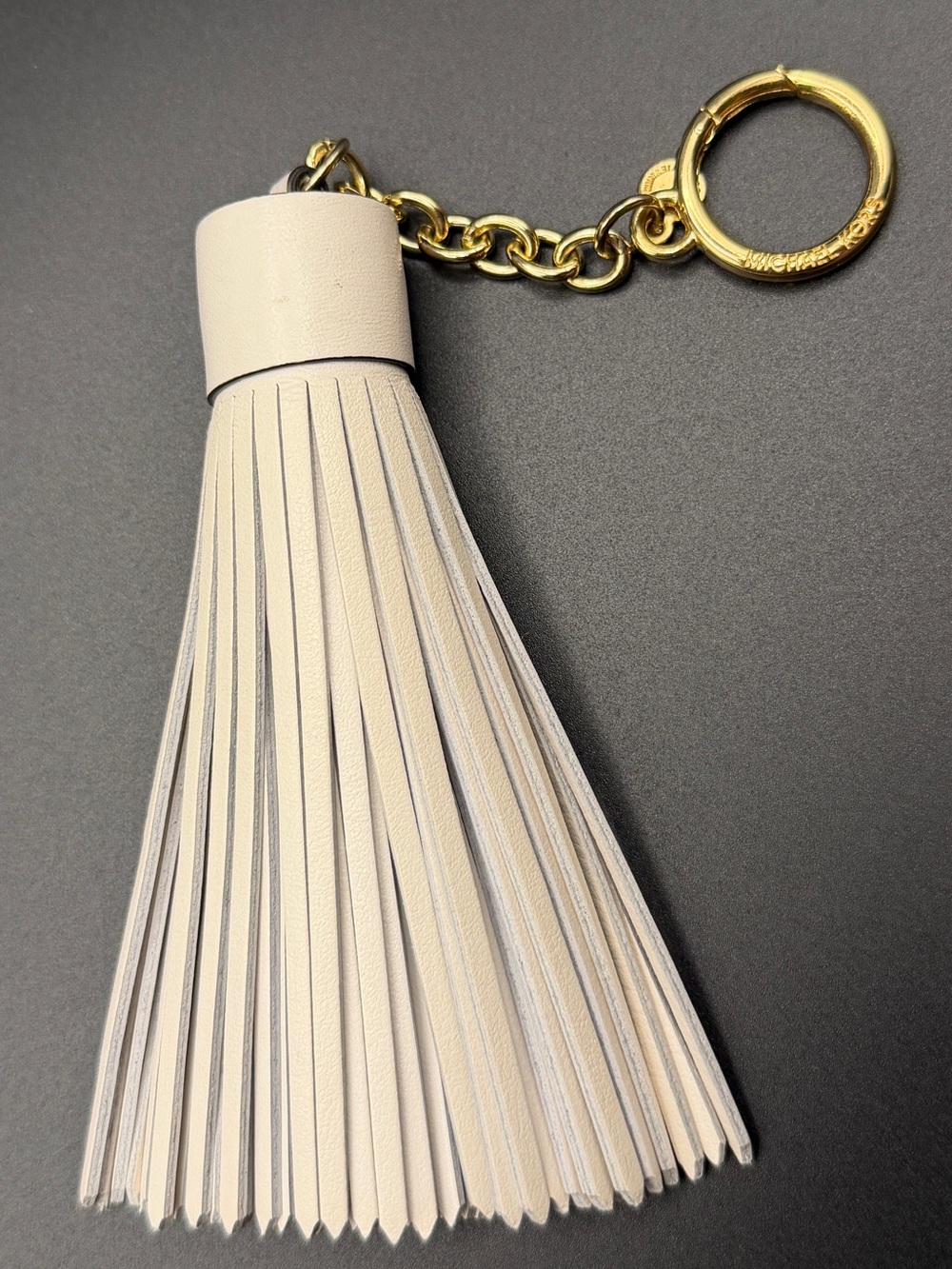 Michael Kors Cream Leather Tassel Keyring with Gold Hardware